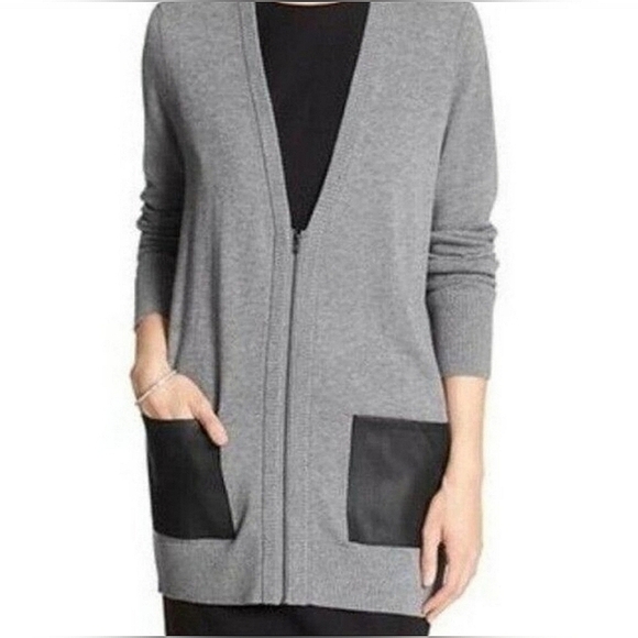 Banana Republic Zip Cardigan Faux Leather Pockets Grey Women Small - Picture 1 of 9